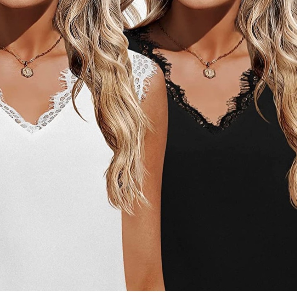 Glamour 2 piece set-Lace Trimmed V neck cami blouses-1 Black 1 White Size Small